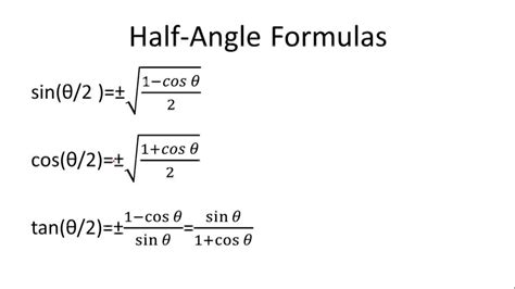 What is the half-angle? Half-angle is a term widely used in trigonometric calculations and it refers to the half of an angle. They are represented as: Sin (θ/2) Cos (θ/2) Tan (θ/2) A double angle calculator can be used to find the double angle of trignometric identities. Half-Angle Formula. The formulas used for half-angle in trigonometry are: